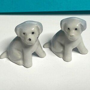 TWO Miniature Vintage White Dog Puppies Porcelain Figurines 1.5"